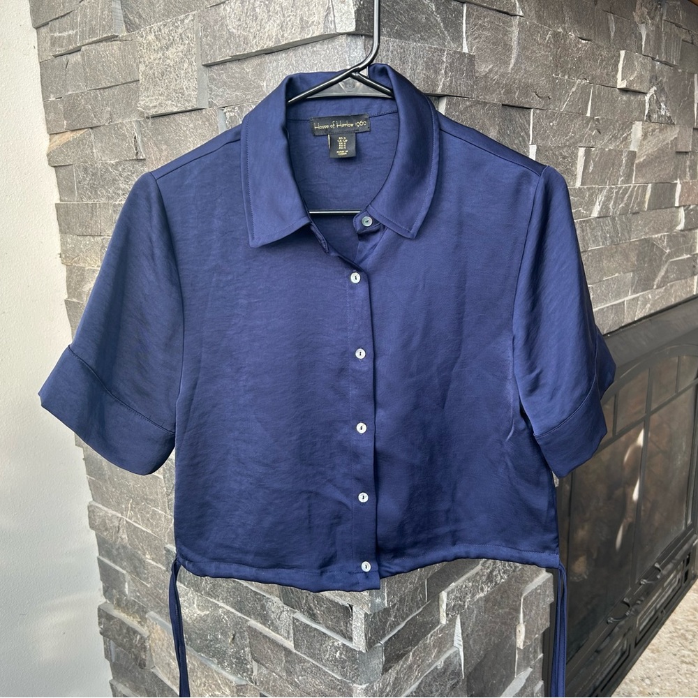 House of Harlow 1960 Navy Blue Button-Down Satin Top